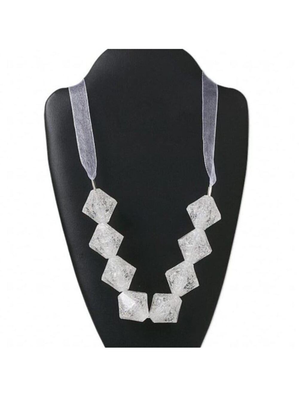 Vintage Chunky Clear Crackled Lucite Beads Adjustable Organza Tie Cord Necklace